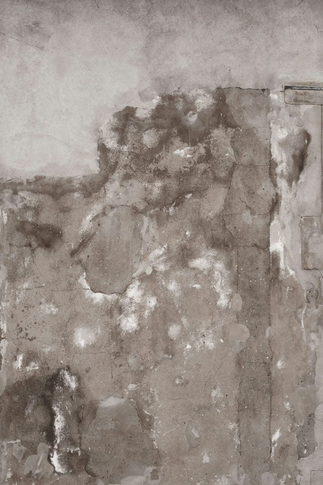 Close-up of a weathered wall with discoloration, peeling surface material, and cracks.